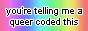 Rectangular pastel rainbow button stating 'you're telling me a queer coded this?'